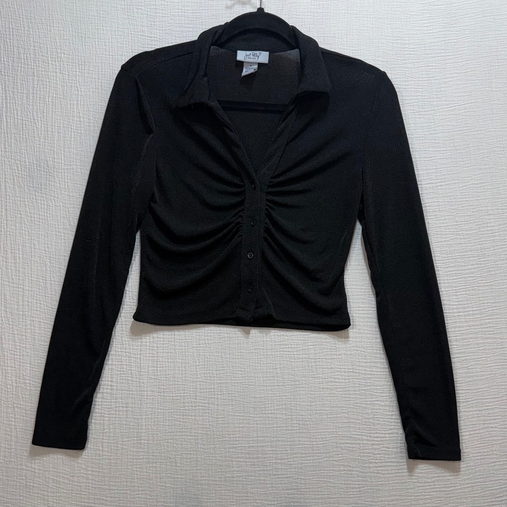 Just‎ Polly Button Up Crop Top Womens Small Black Ruched Front Long Sleeve Goth